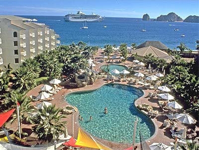 arial shot of pool at villa del palmar